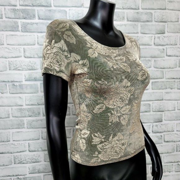 Vintage 90s Cache Womens S‎ Gold Rose Floral Stretchy Crop Top Short Sleeve - Picture 4 of 6